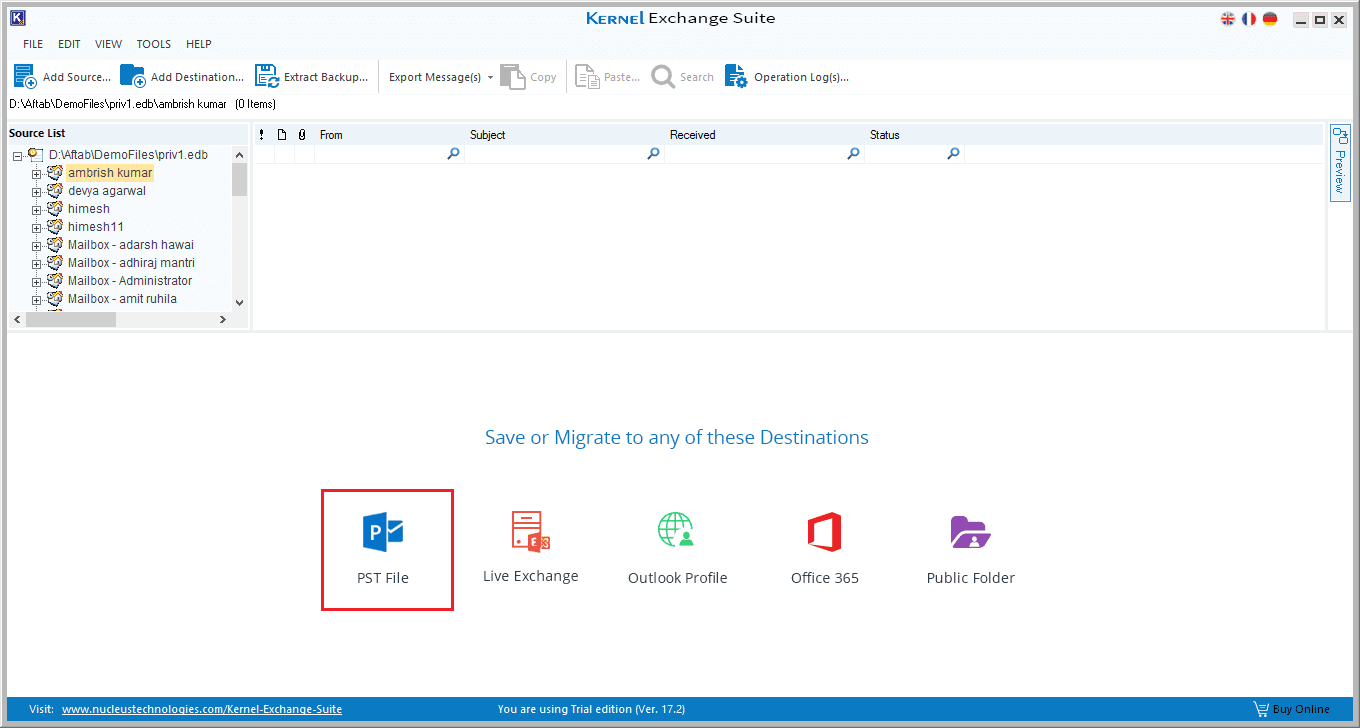 Click PST file icon in destination pane