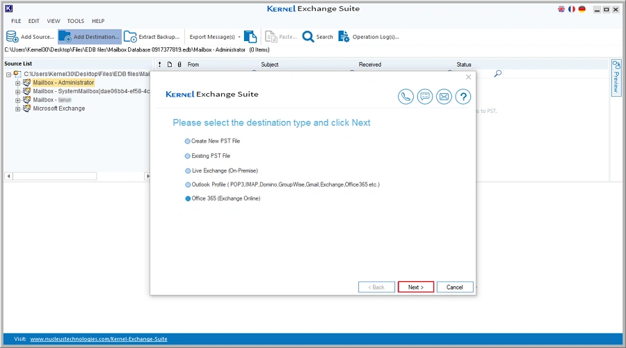 select office 365 as destination