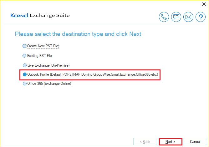 Select Outlook profile and click Next