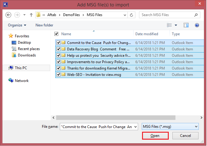 Select MSG files, and click Open