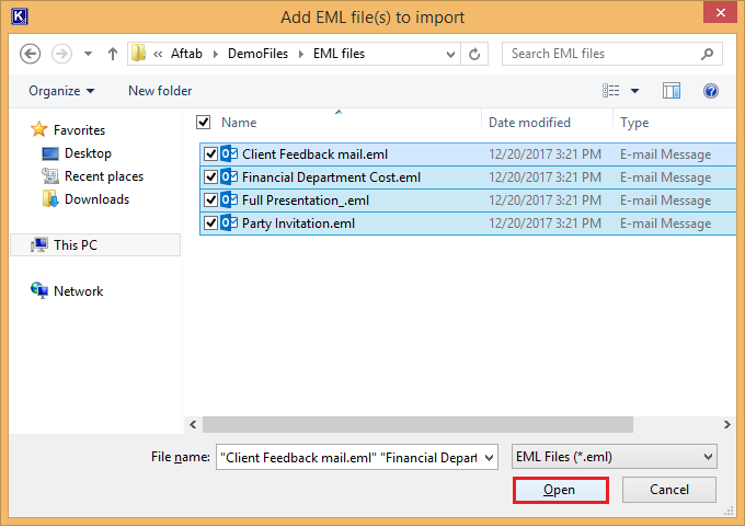 Select the EML files, and click Open