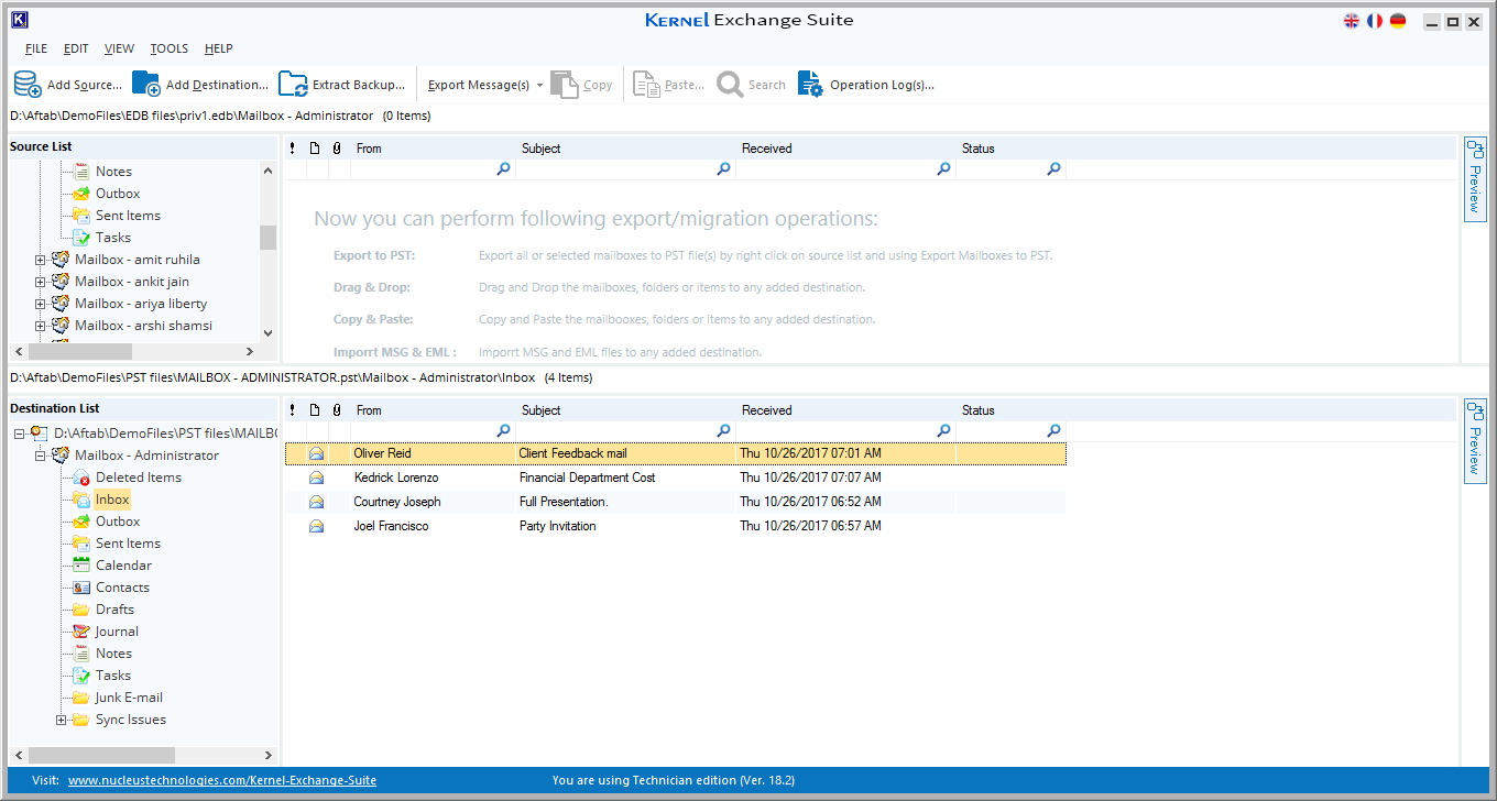 EML files are added to the destination