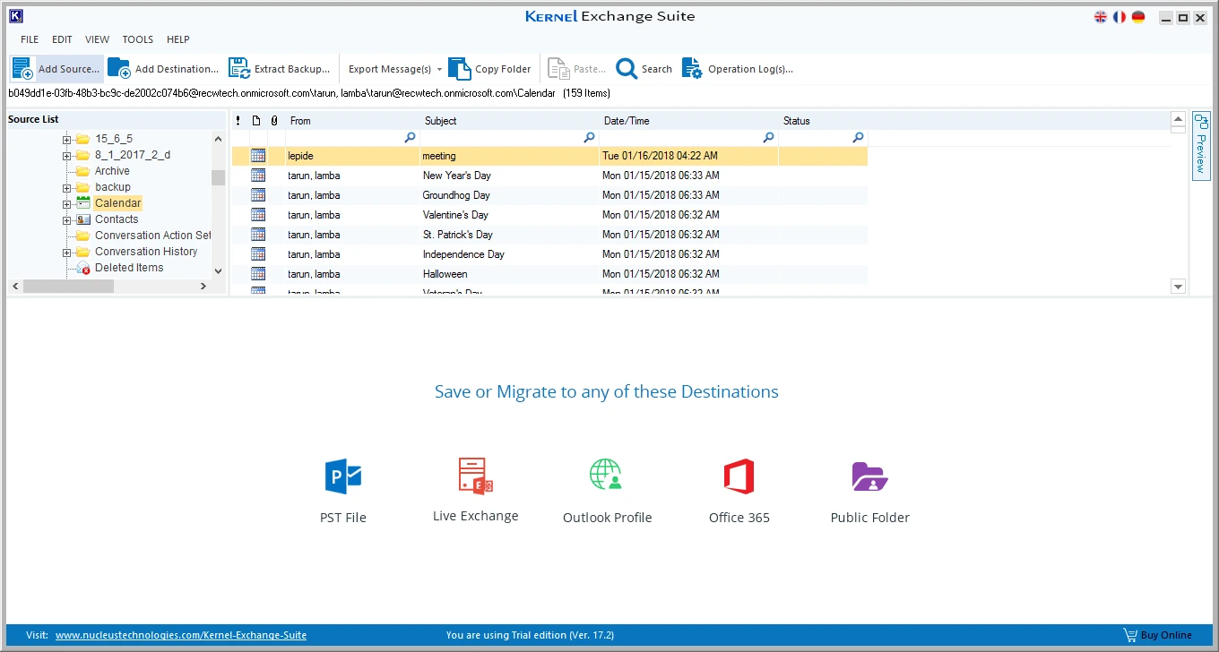 The Office 365 account gets added as the source