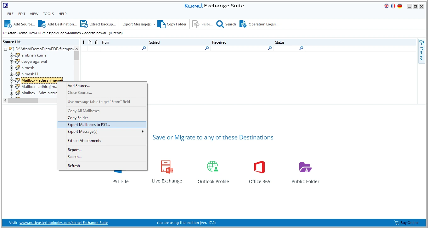 Click Export Mailboxes to PST