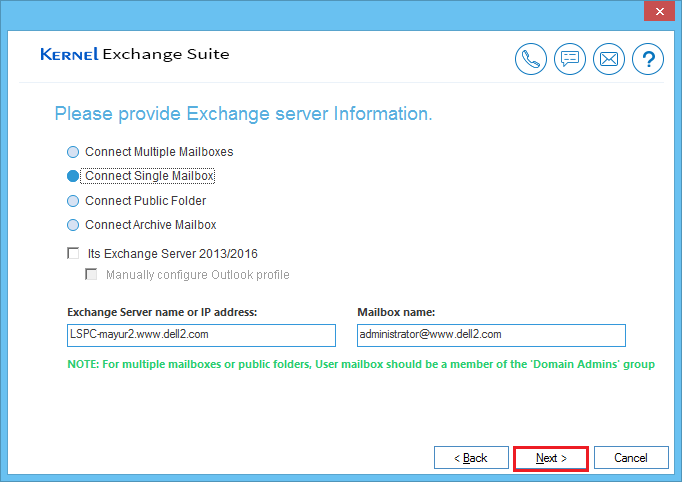 Connect single mailbox, Public folder, Archive and Multiple mailbox