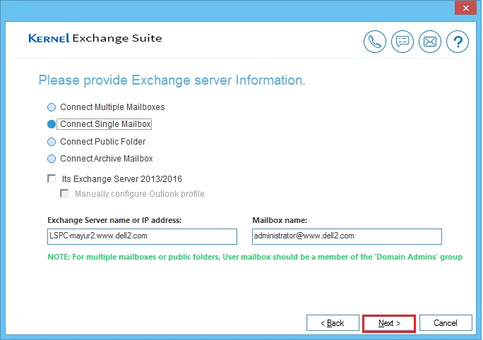 Connect single mailbox, Public folder, Archive and Multiple mailbox