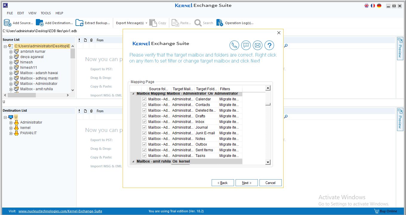 Manually map each source mailbox account to a destination