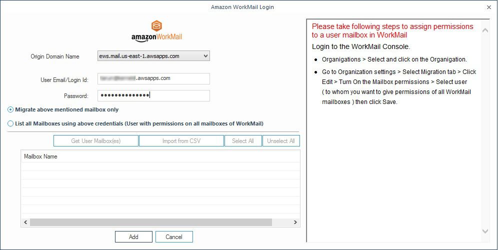 Adding WorkMail account to export