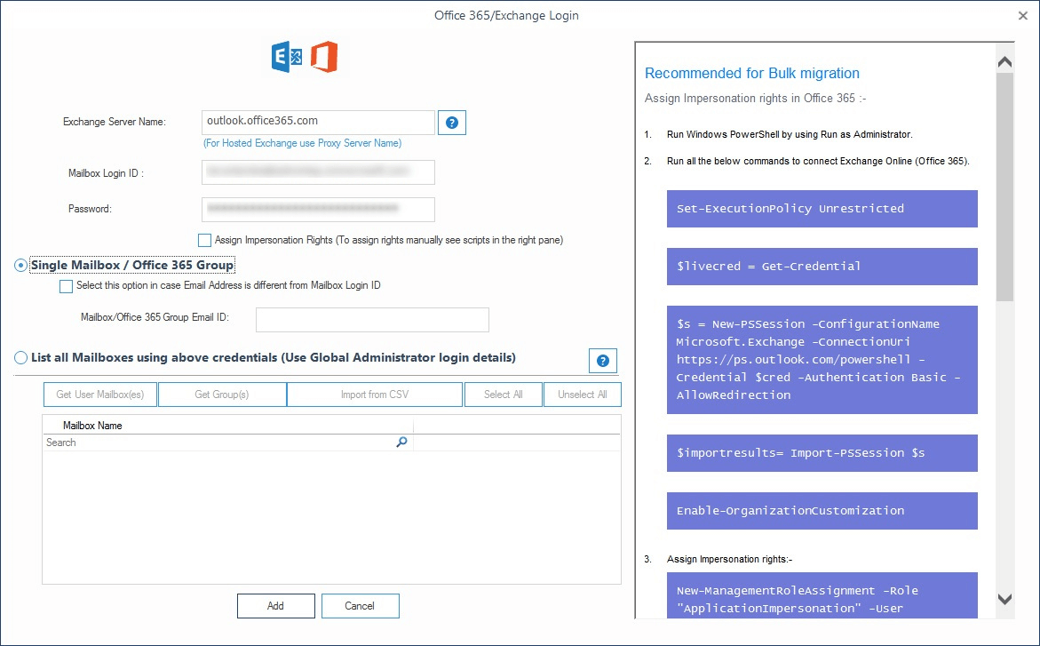 Adding Office 365 account credentials