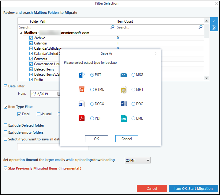 Select the file format to archive Office 365 data