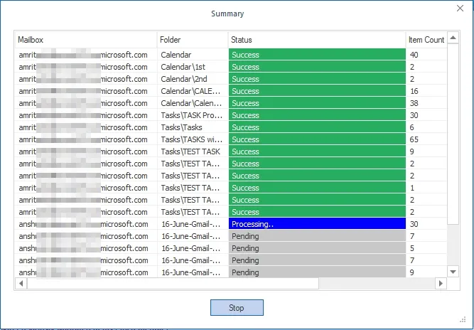 process begin to export Office 365 data to PST