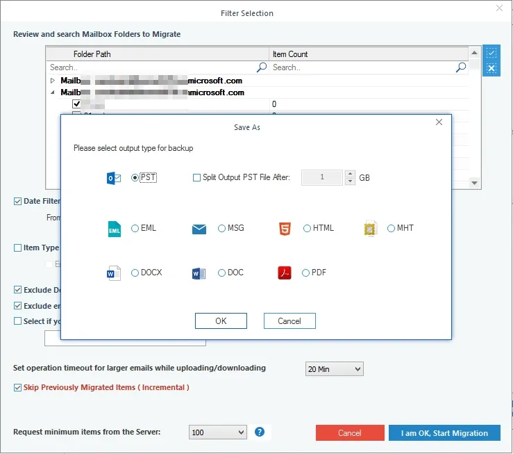 Select PST file as the output file type