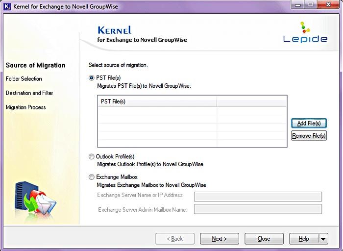 Main Window of Kernel for Exchange to Novell GroupWise