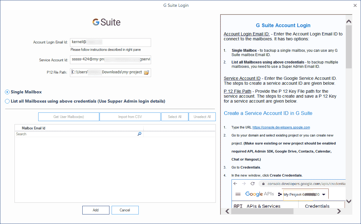 Input the G Suite details like Account email ID, Service Account ID