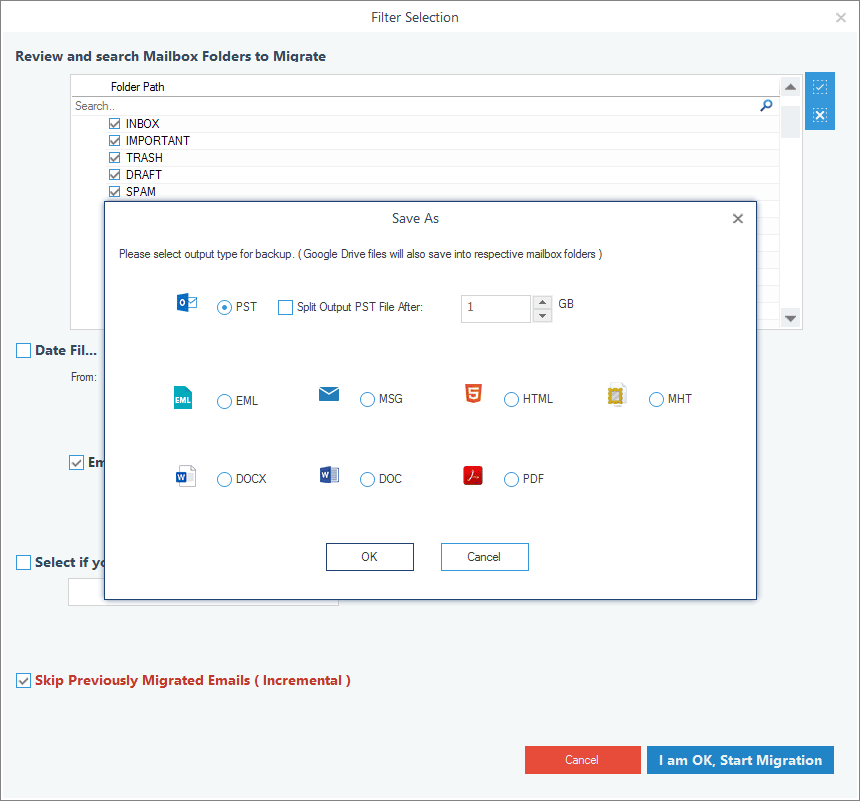 Multiple filters options to perform selective backup