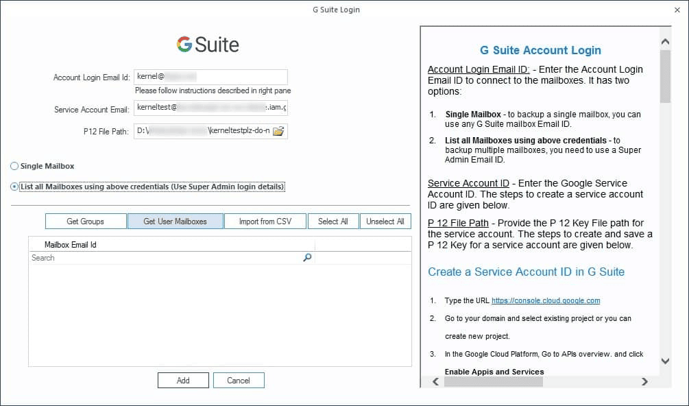 Input the G Suite details like Account email ID, Server account Email