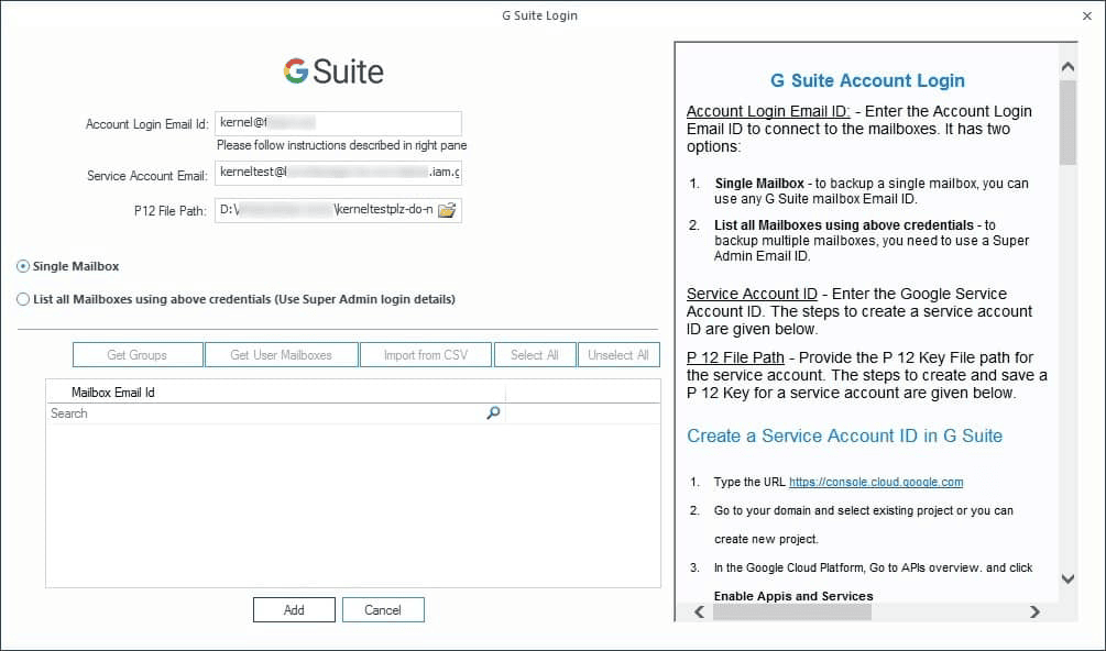 Input the G Suite details like Account email ID, Server account Email