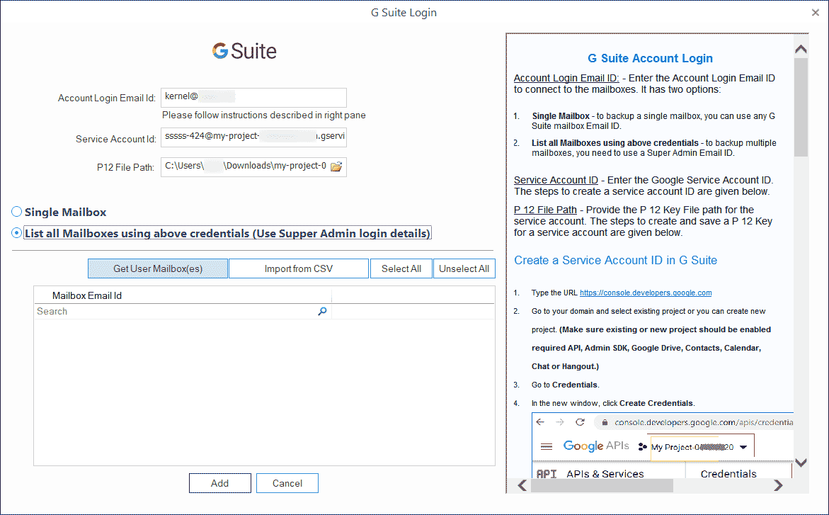 Input the details of the G Suite Super Administrator account