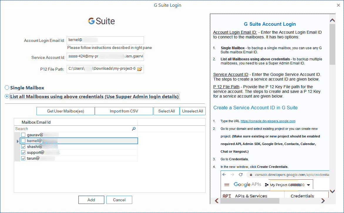 Choose the required mailboxes from the G Suite list