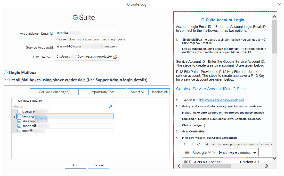 Adding multiple G Suite mailboxes for migration