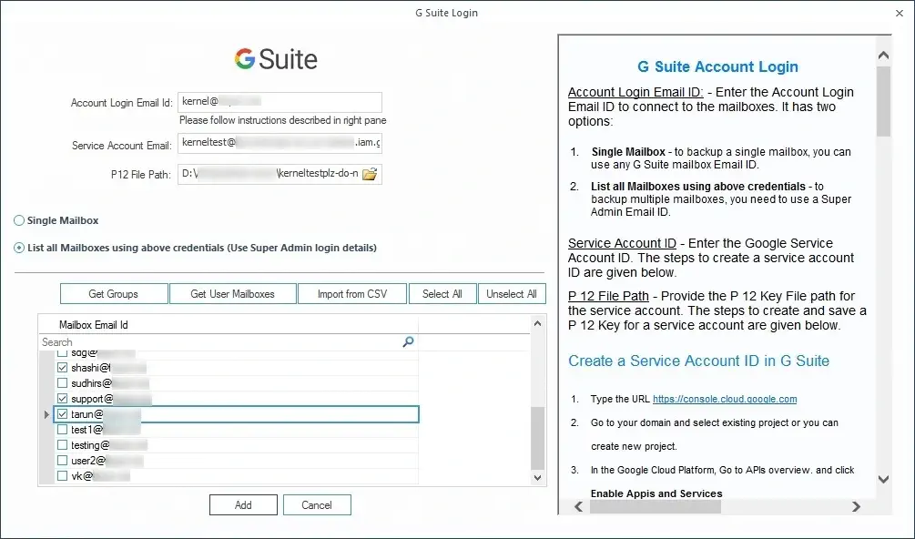 Adding multiple G Suite mailboxes for migration