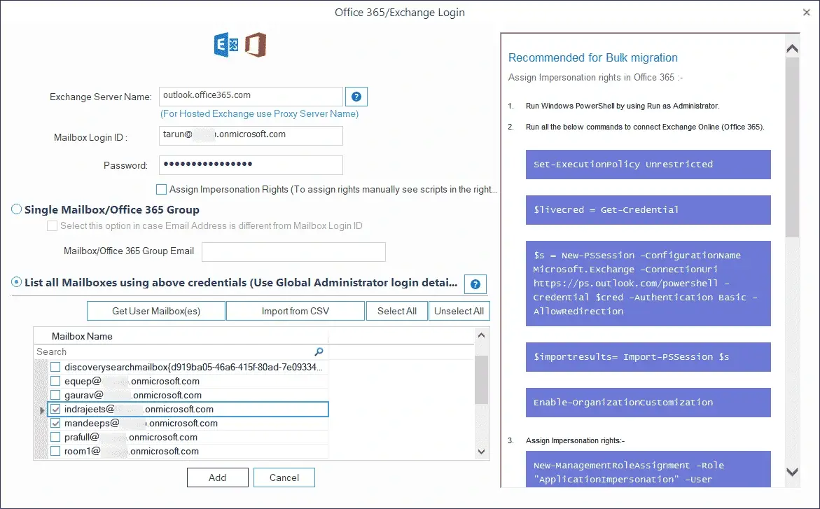 Adding multiple Office 365 mailboxes