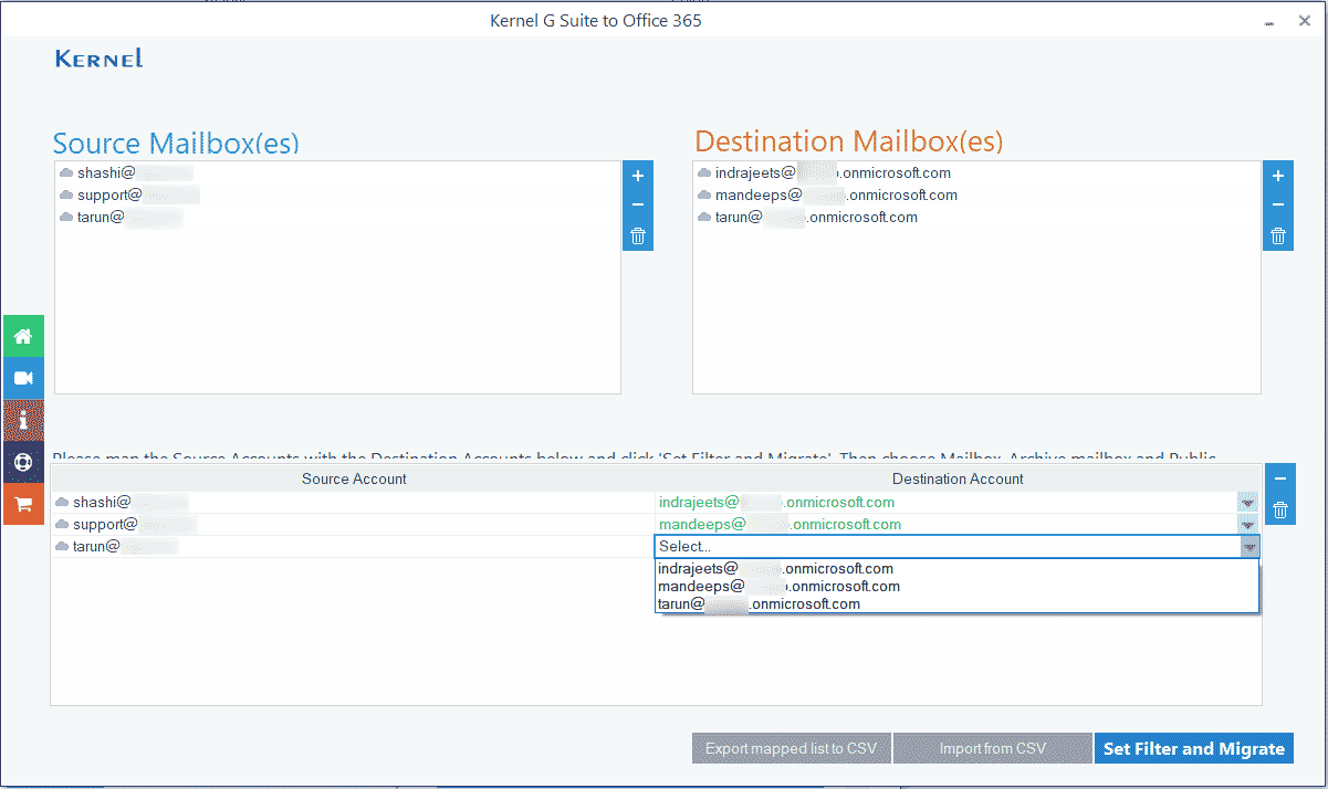 Choose a suitable destination account against the G Suite mailboxes