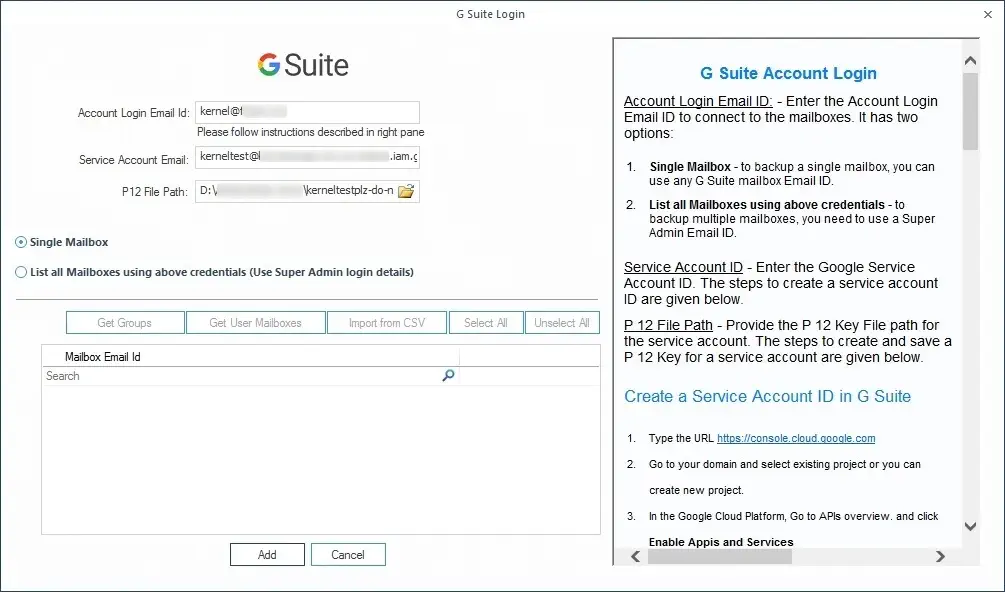Adding the login details of the G Suite account