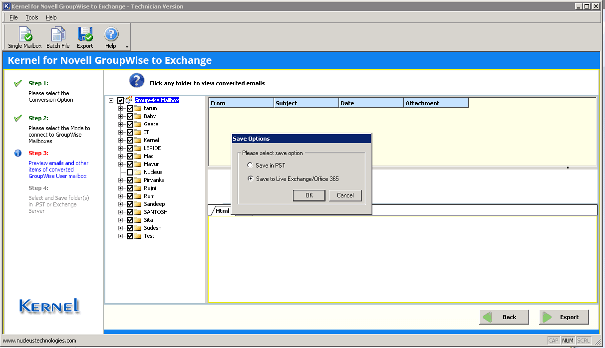 Save GroupWise mailboxes to PST or live Exchange/Office 365