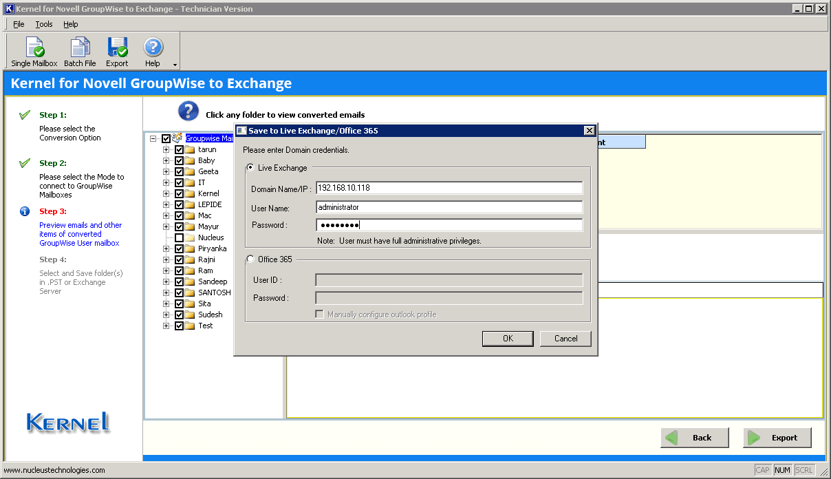 Providing the Exchange domain credentials