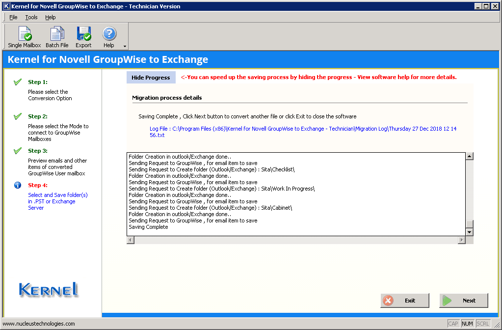 Completion message after successful GroupWise to Exchange migration