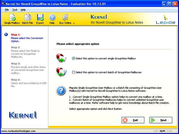 Main screen of Kernel for GroupWise to Lotus Notes