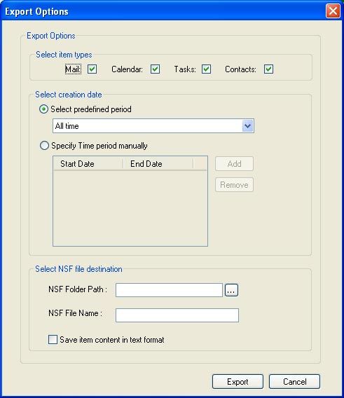 Screen showing the available Export options