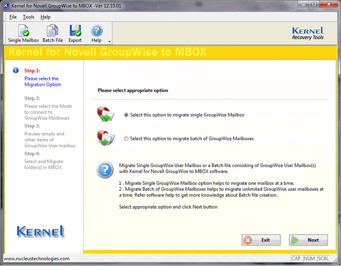 Welcome screen of Kernel for Novell GroupWise to MBOX