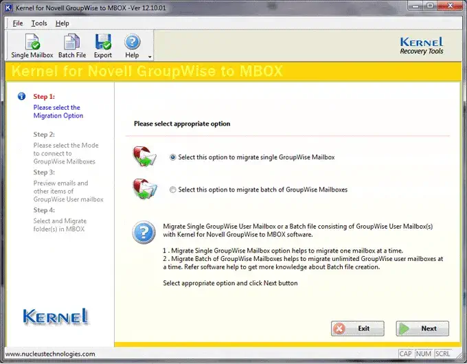Welcome screen of Kernel for Novell GroupWise to MBOX
