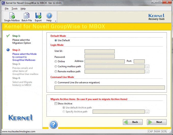 Selection of Mode in Kernel for Novell GroupWise to MBOX