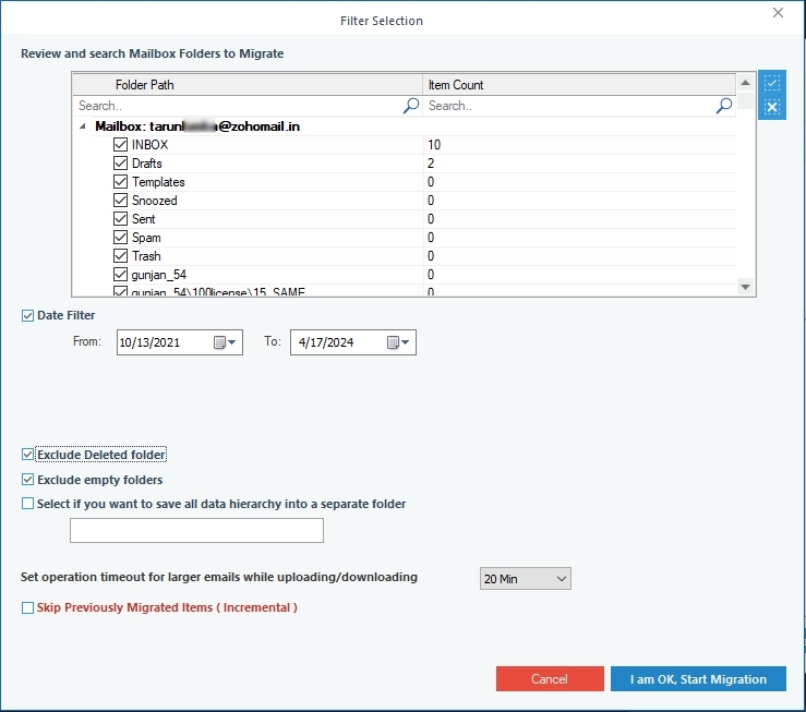 Adding desired filters for the selective mailbox items