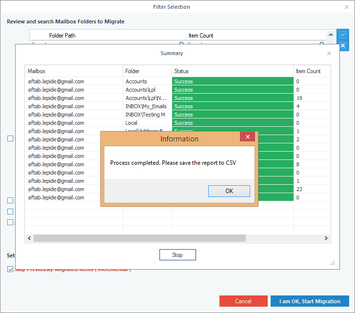 Er is met succes een back-up gemaakt van het IMAP-postvak naar het PST-bestand