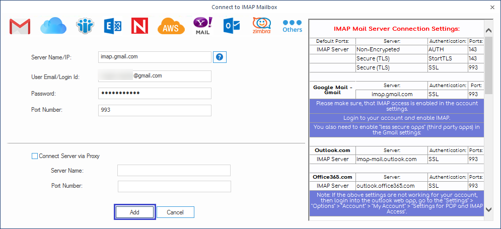 To add IMAP enabled Gmail account