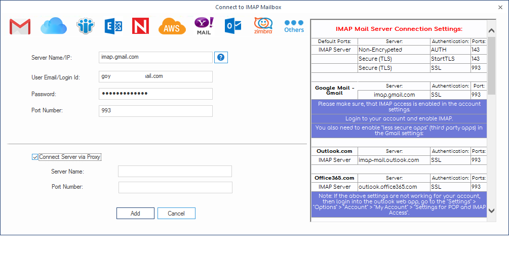 Adding Single IMAP Mailbox with login details