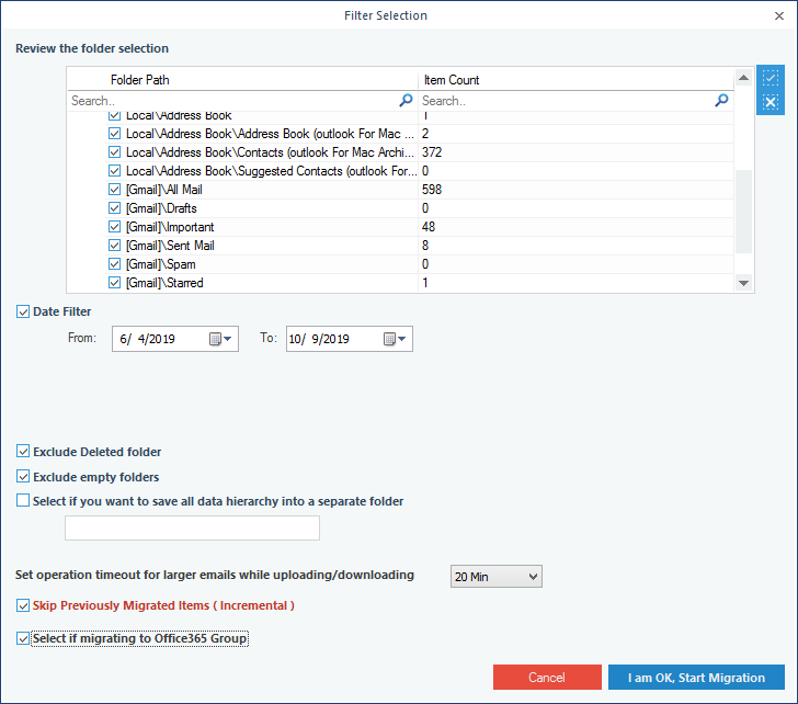 Filtering mailbox data before migration