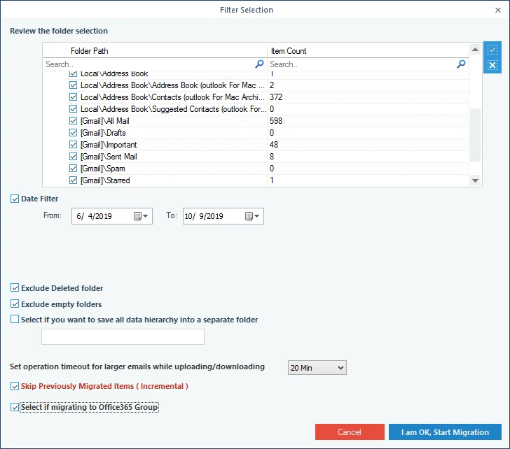 Filtering mailbox data before migration