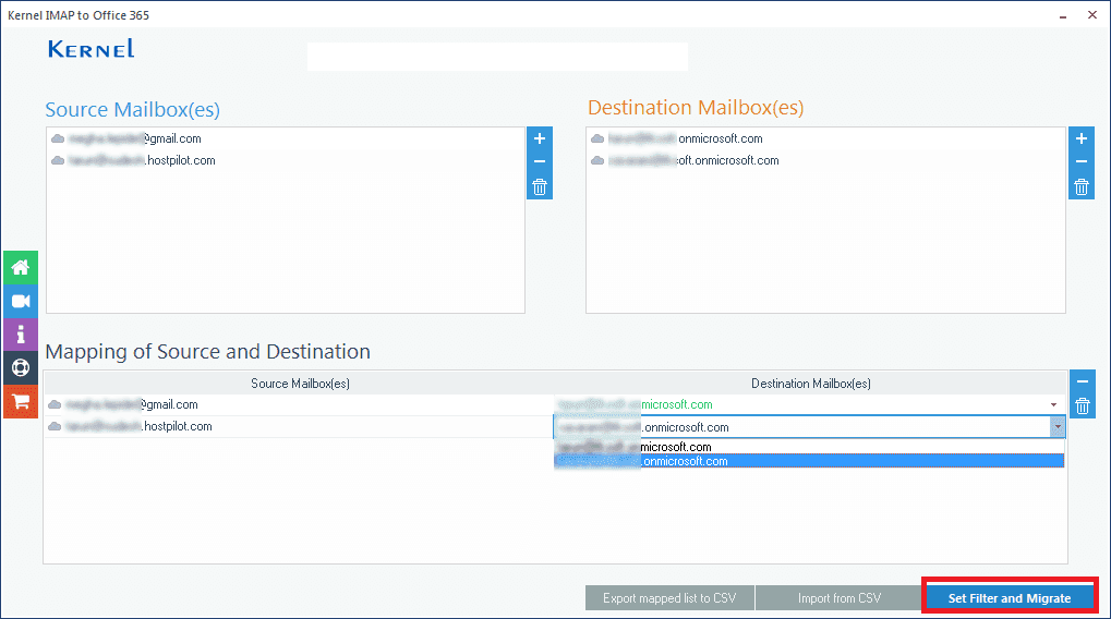 Source and Destination mailboxes added for multiple mailbox migration