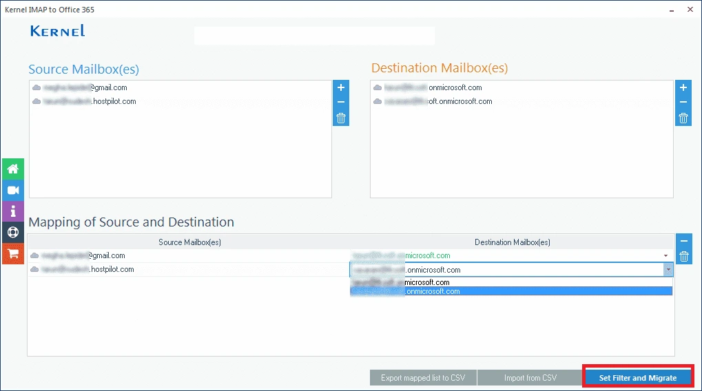 Source and Destination mailboxes added for multiple mailbox migration