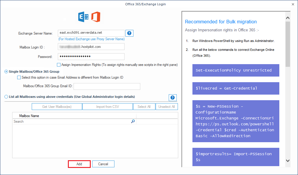 Add Exchange Server (hosted) as destination