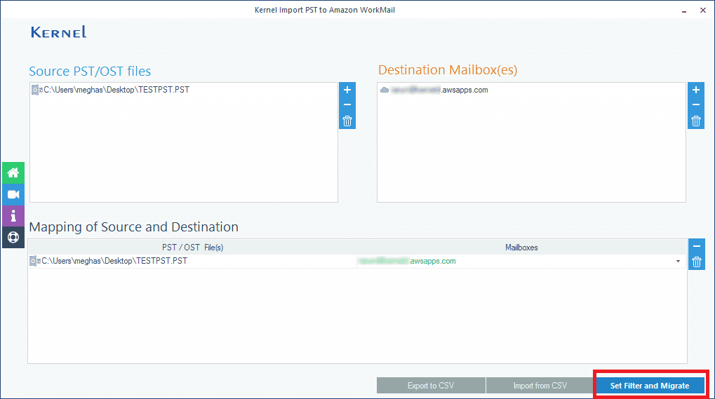 Map the source PST file to the target WorkMail mailbox