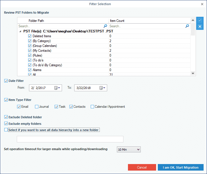 Apply filters for importing selected PST items to Amazon WorkMail