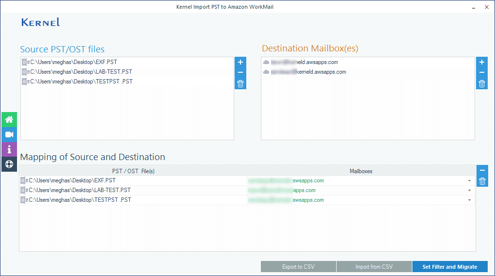 Amazon WorkMail mailboxes to which PST files are to be imported