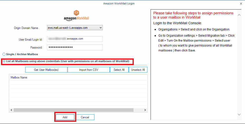 Enter the login credentials of Amazon WorkMail account