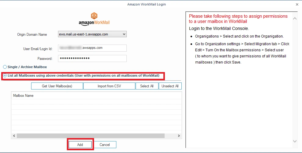 Enter the login credentials of Amazon WorkMail account
